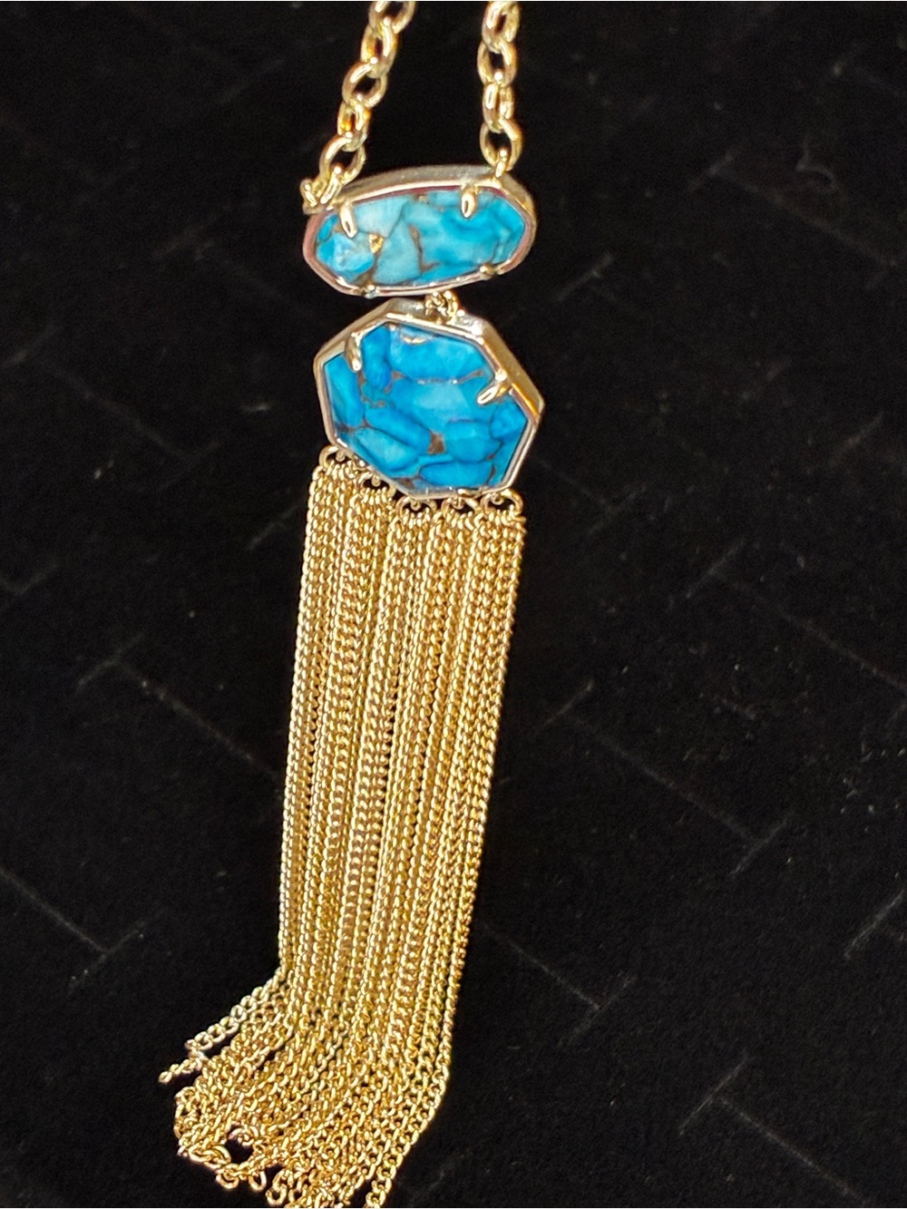 Gold Tassel Pendant Necklace with Blue Turquoise Stones